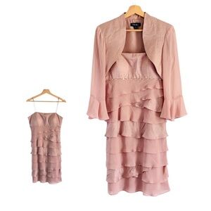 SL Fashions Pink Tiered Strappy Dress w/ Matching Jacket Rhinestones Size 4